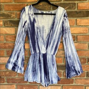 Pitaya blue Tie Dye long sleeve deep v neck romper